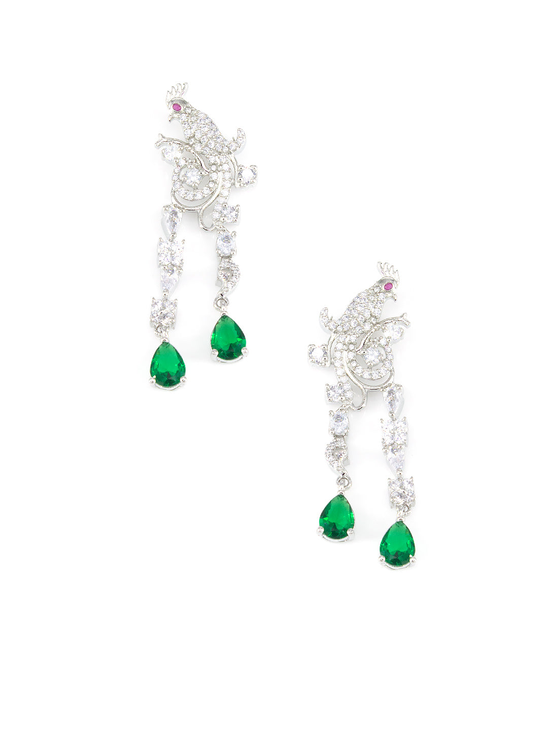 Silver Plated Green AD Peacock Statement Jewellery Set