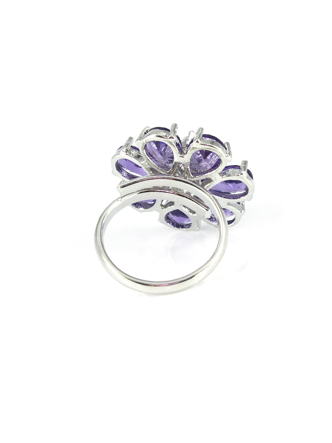 Silver Plated Purple Floral AD Adjustable Ring For Women