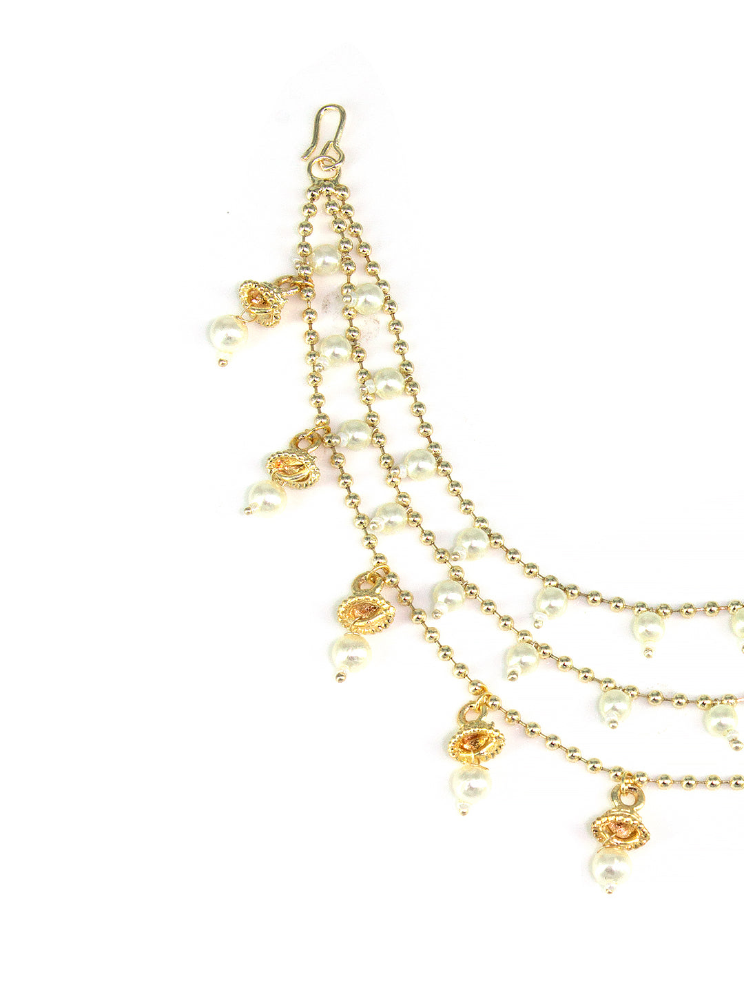Gold-Plated 3-Layered Beads & 8 Jhumki Drop Ear Chain