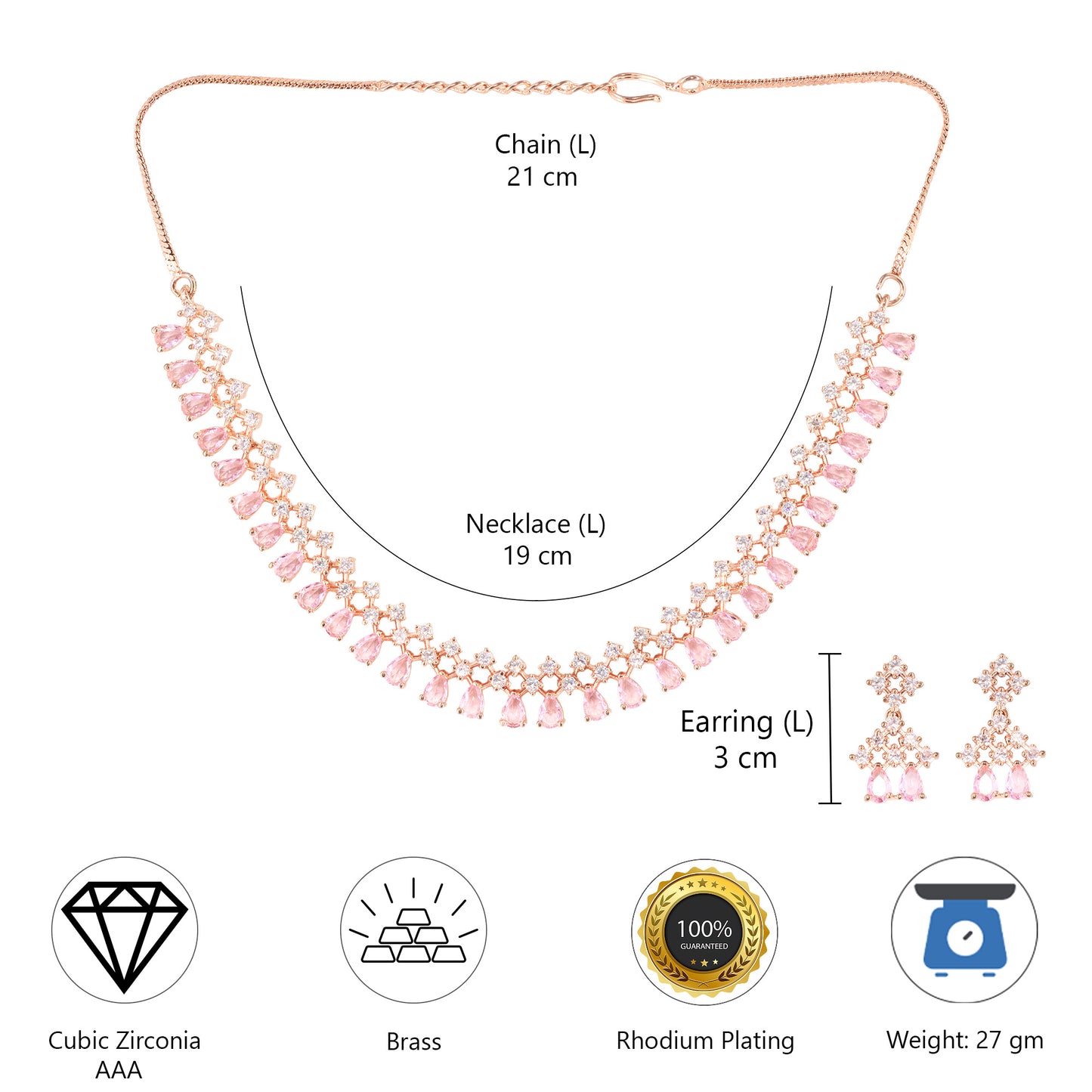 Rose Gold Plated Pink American Diamond Jewellery Set for Women