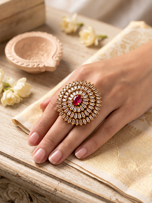 Antique Gold Plated Red AD Finger Ring for Women