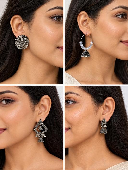 Set of 9 Silver Oxidised Jhumka Earrings for Women