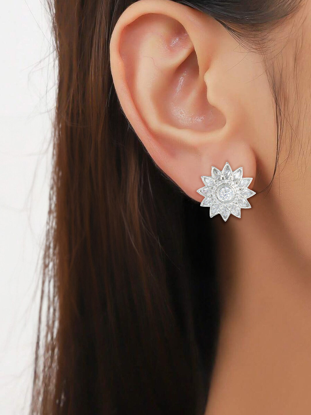Silver Plated Floral AD Stud Earrings For Women