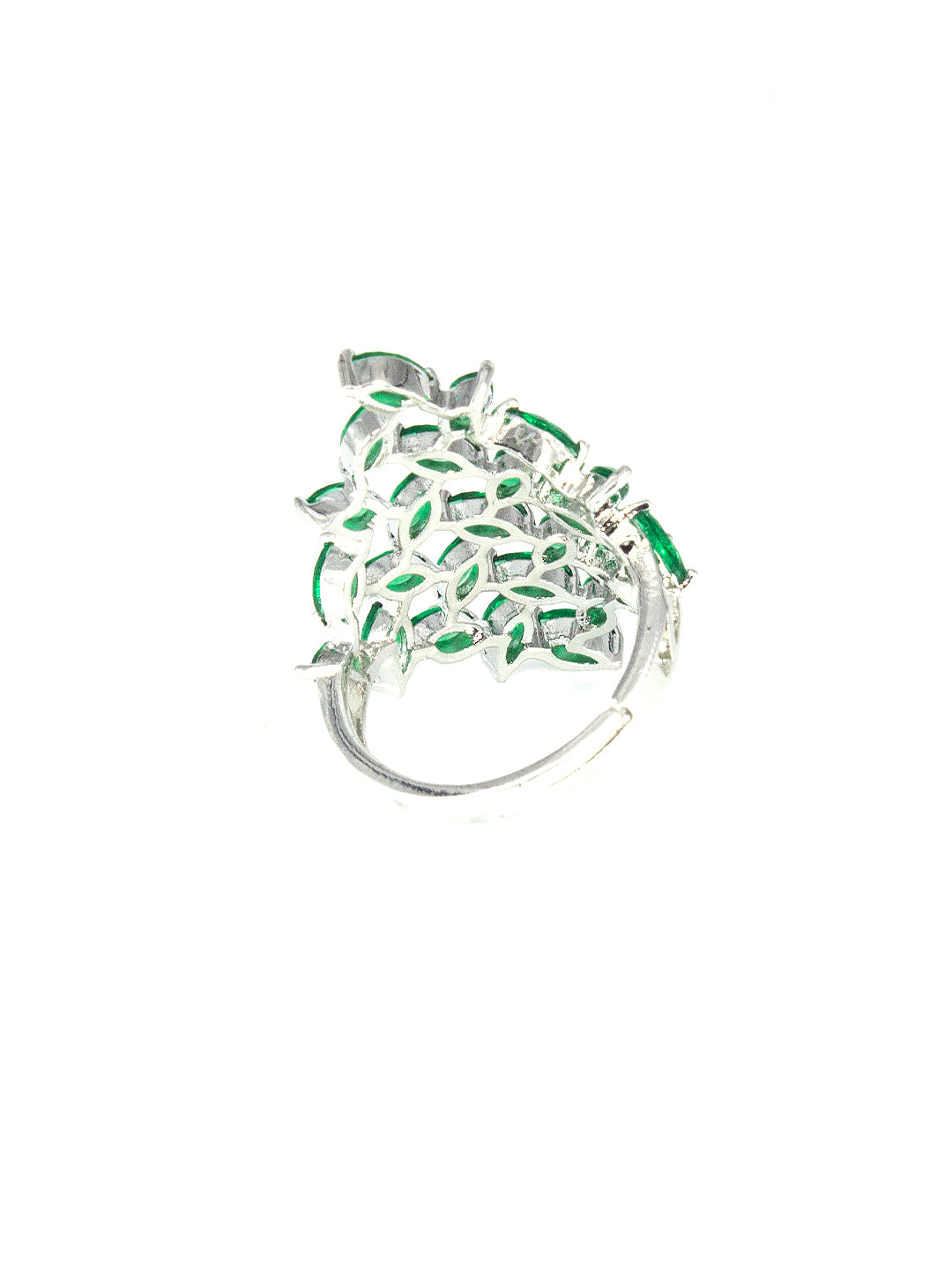 Silver Plated Green Petal AD Adjustable Ring For Women