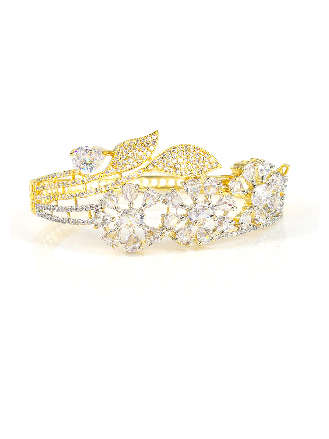 Gold Plated White AD Floral Cuff Bracelet For Women