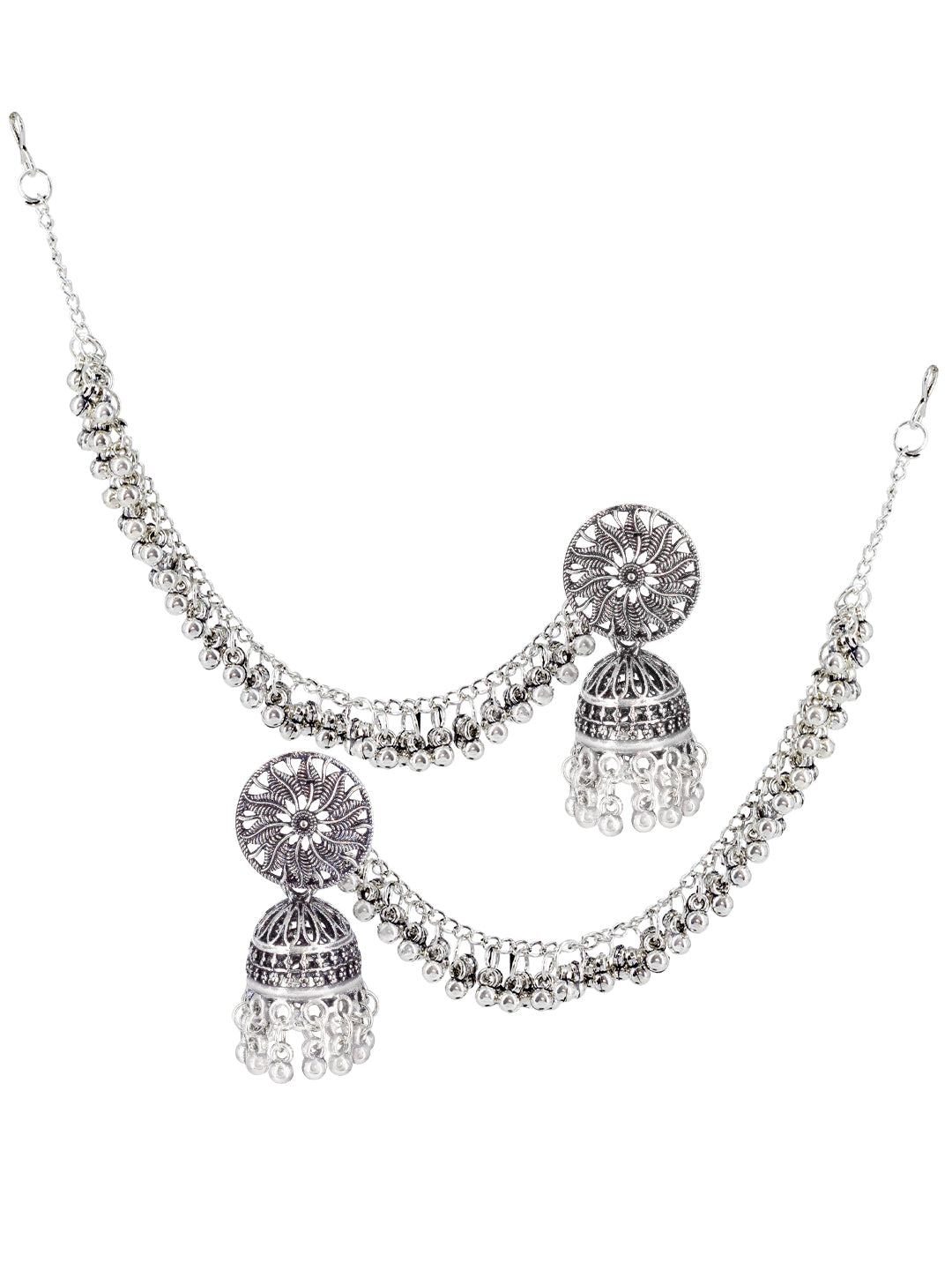 Silver-Oxidised Floral Jhumka Earrings With Ear Chain