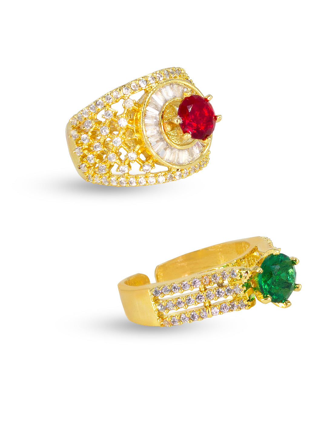Pack of 2 Ring and Red Statement AD-Studded Adjustable Ring