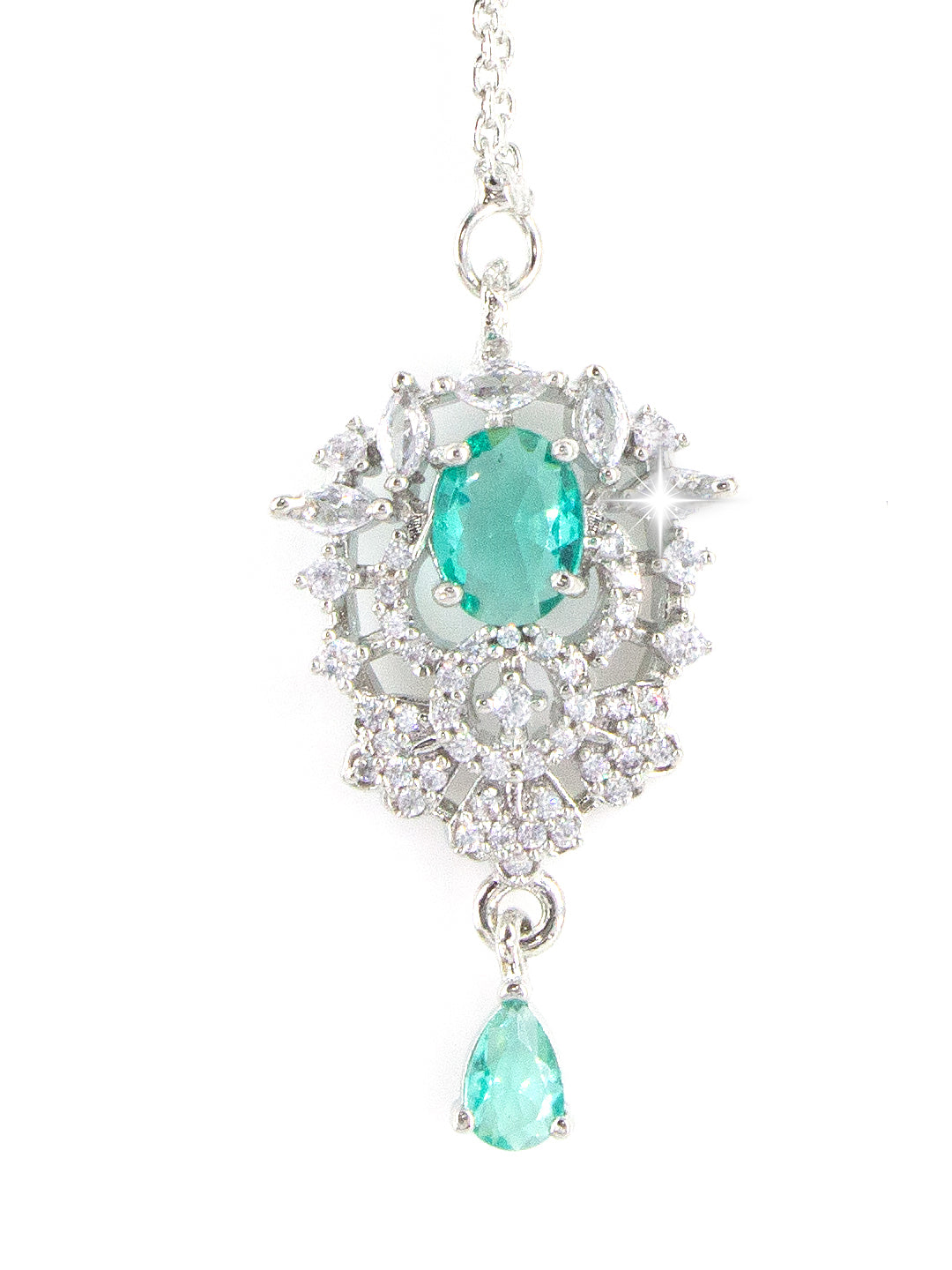 Silver Plated AD Mint Green Floral Drop Maang Tikka