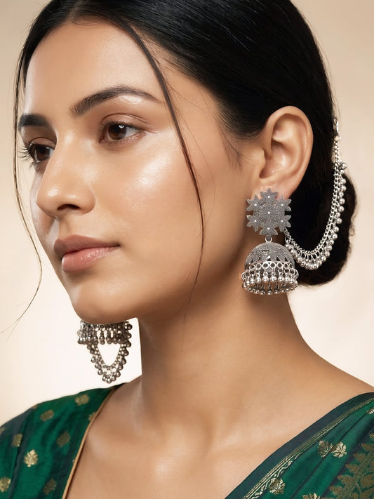 Silver Oxidised Floral Jhumka Earring with Chain for Women