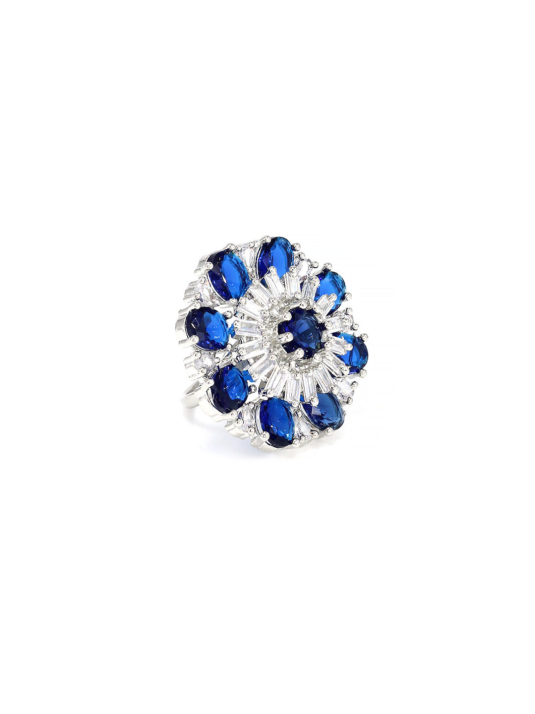 Floral Blue American Diamond Adjustable Cocktail Finger Ring