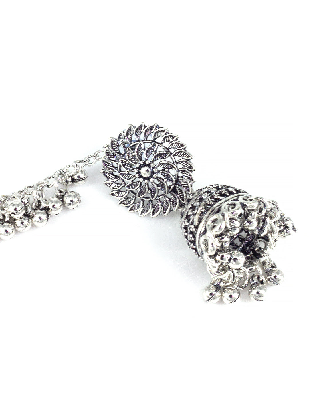 Silver-Oxidised Floral Jhumka Earrings With Ear Chain