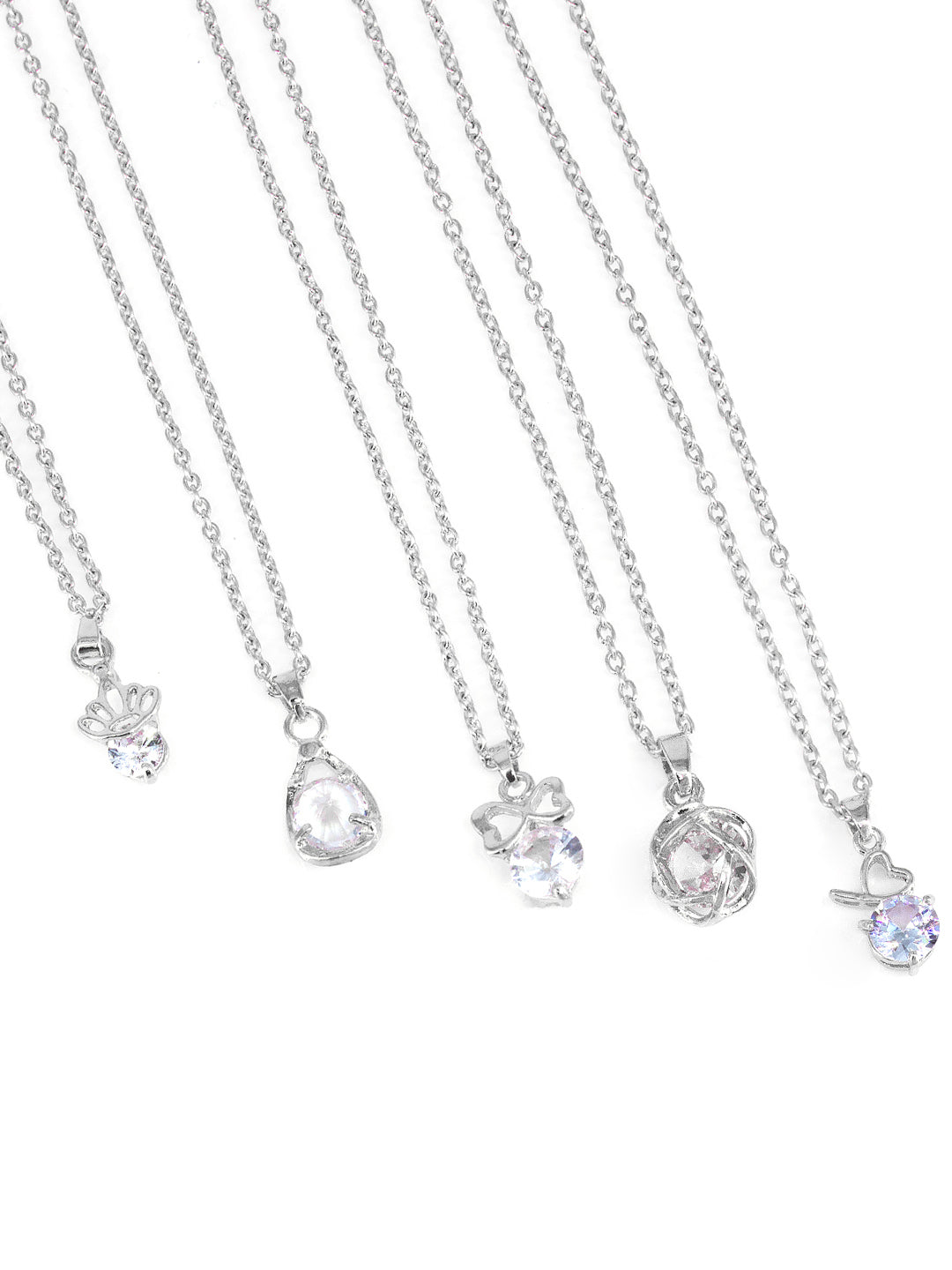 PRIVIU Silver Plated Solitaire Pendant with Chain Combo for Women (Set of 5)