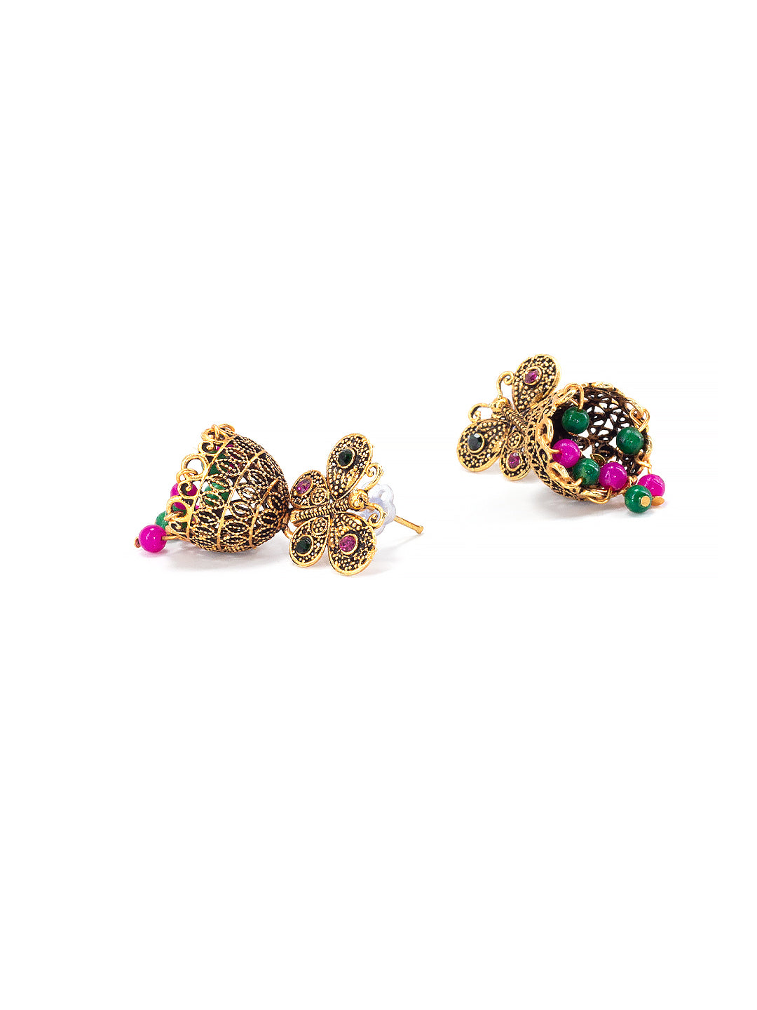 Antique Gold-Plated Butterfly Artificial Stone & Beaded Jhumki Earrings