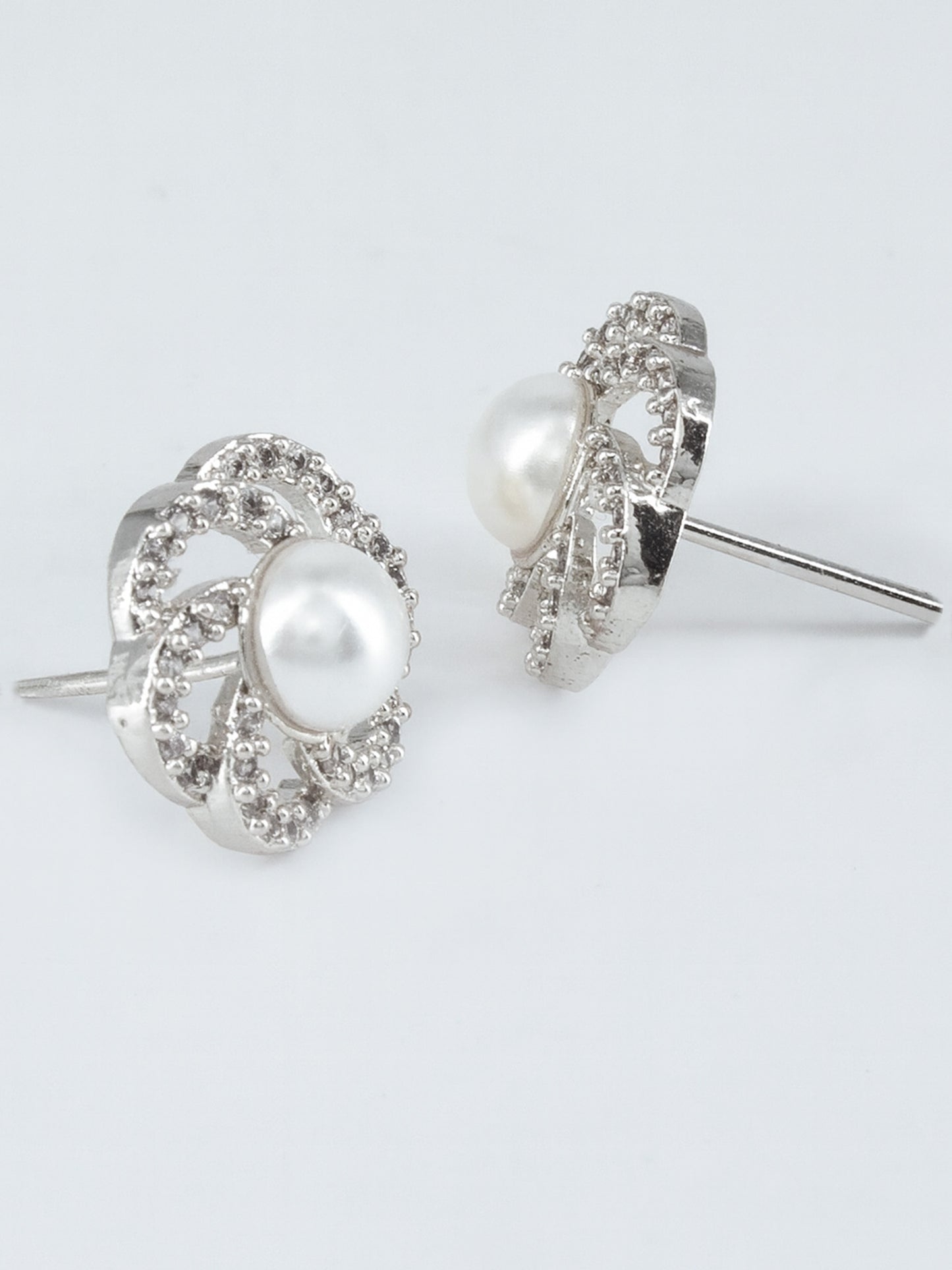 Rhodium Plated AD & Pearl Floral Designer Stud Earrings for Women