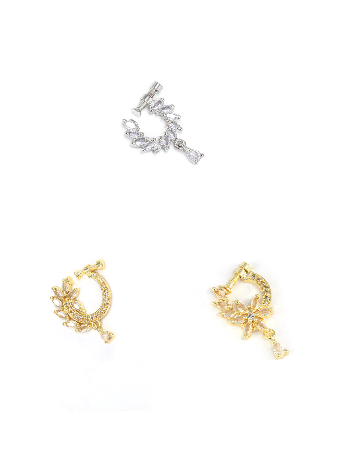 Set of Three Rhodium & Gold Plated American Diamond Non Piercing Nosepin