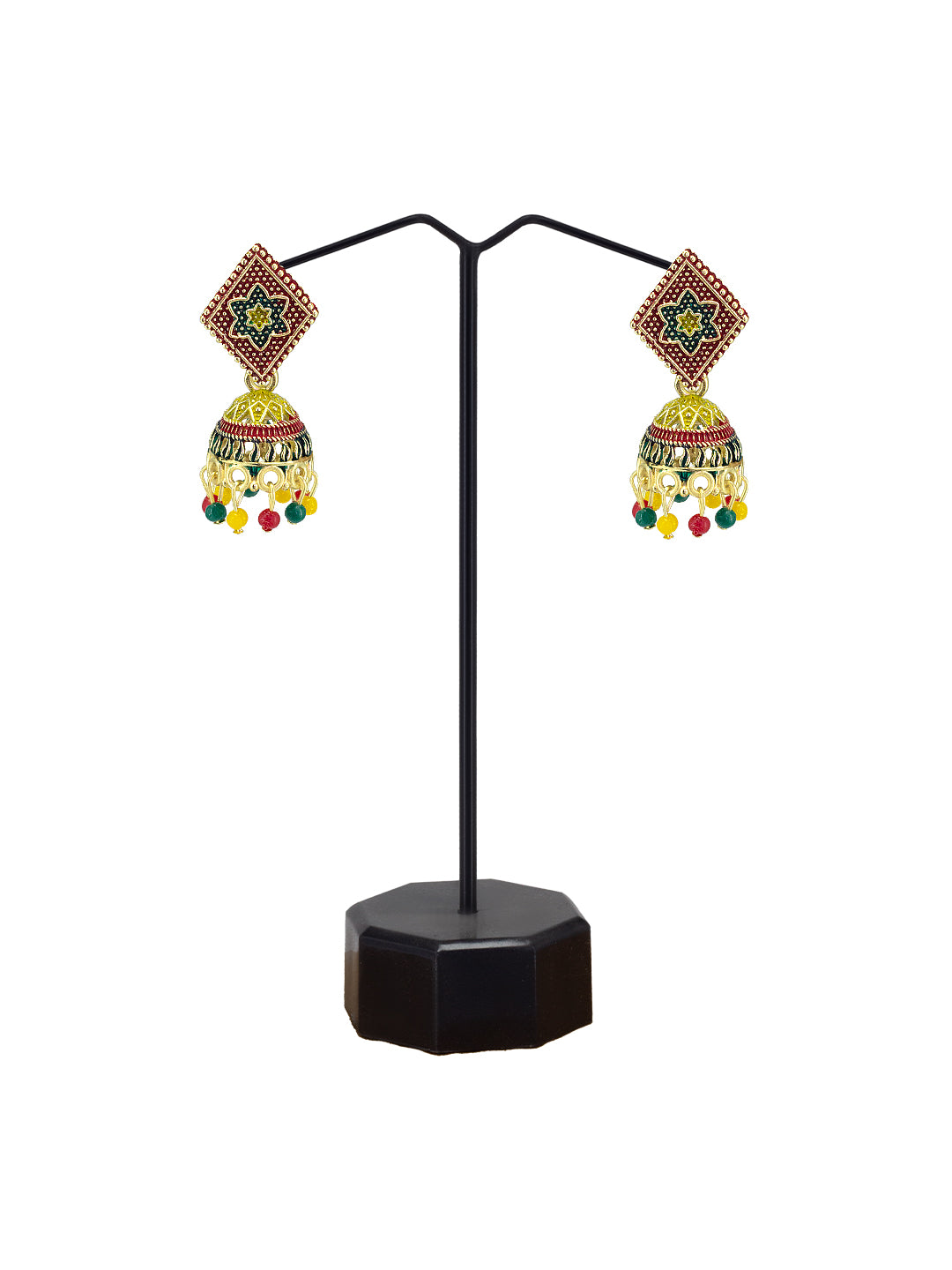 Gold Plated Floral Rhombus Multi Color Artificial Beaded Jhumki Earrings