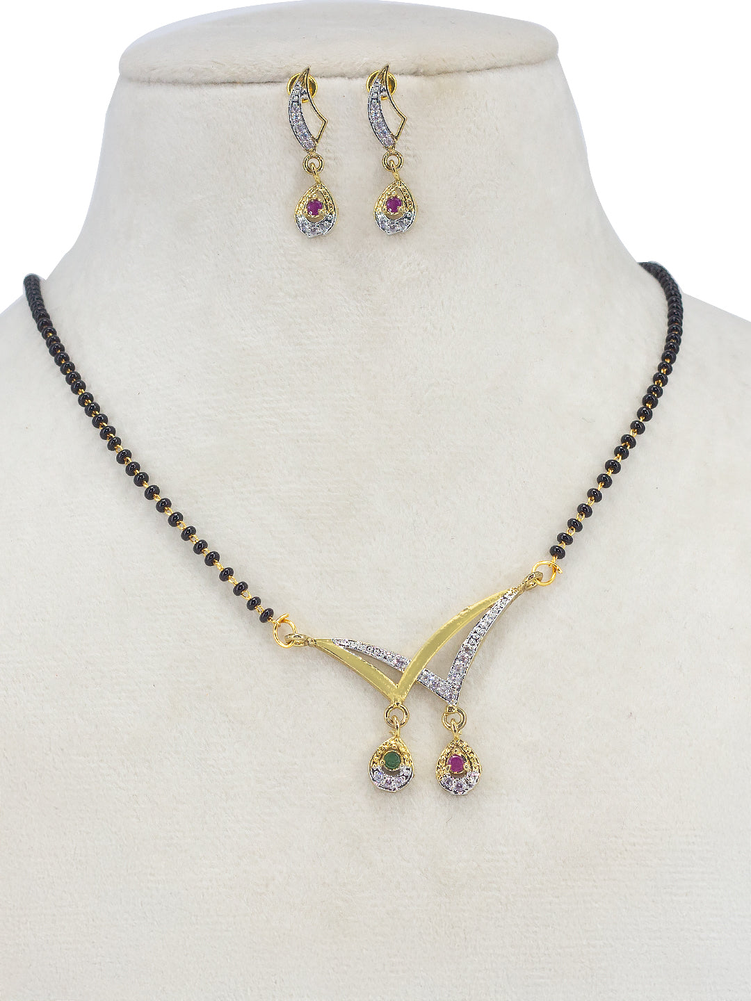 Gold Plated American Diamond & Black Beaded Trendy Mangalsutra With Earrings