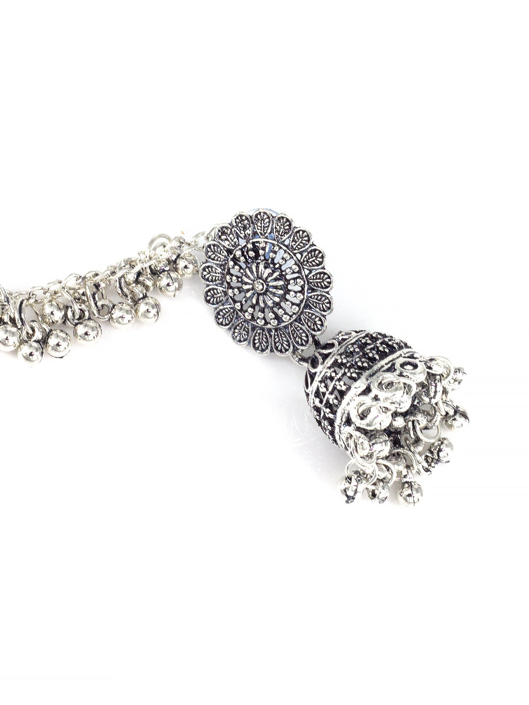 Silver-Oxidised Floral Jhumka Earrings With Ear Chain