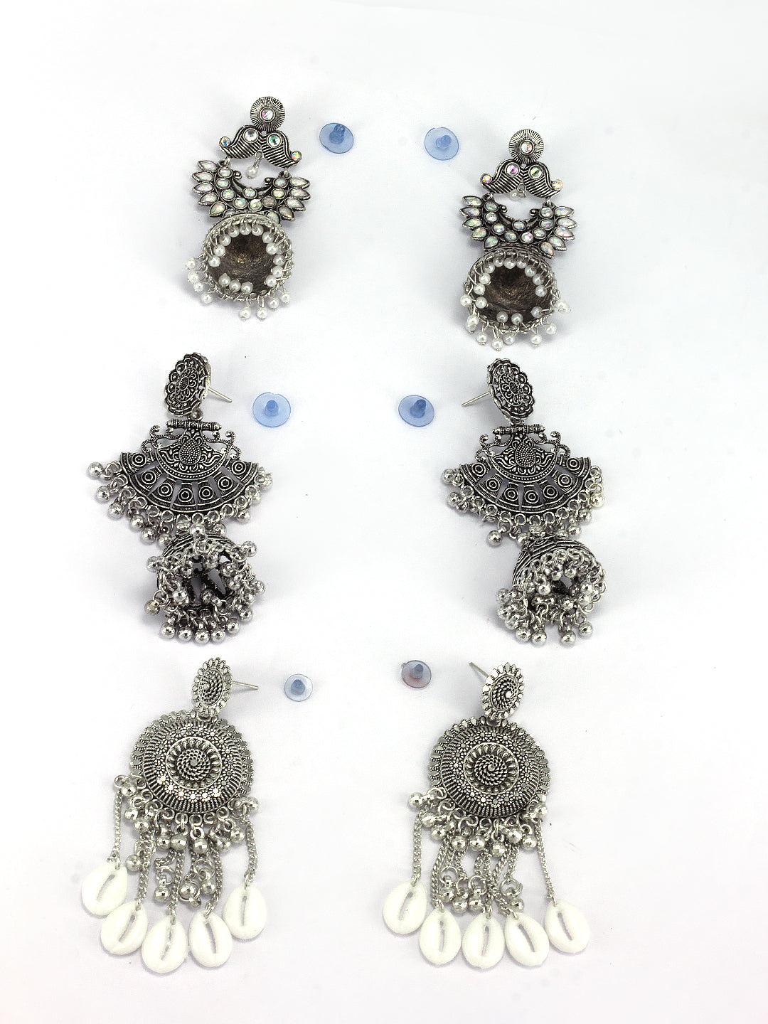 Pack of 3 Silver Oxidised Chandbali Jhumka Earrings
