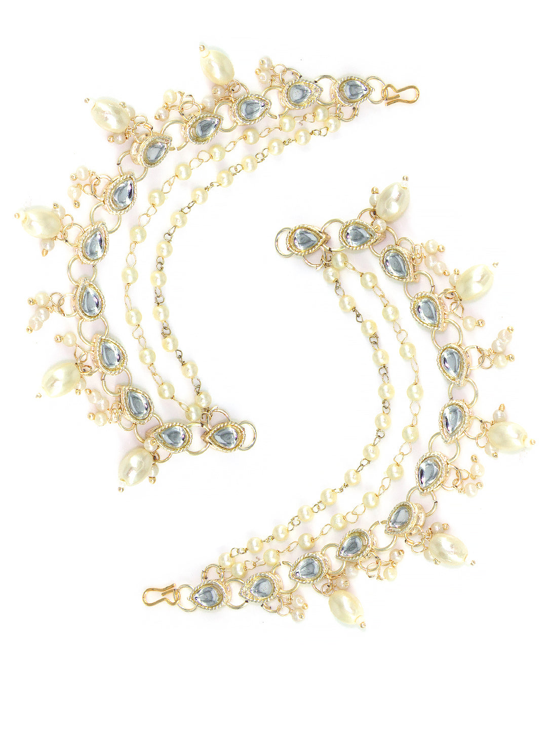 Gold-plated 3-Layered Kundan-Studded & Faux-Pearl Drop Ear Chain