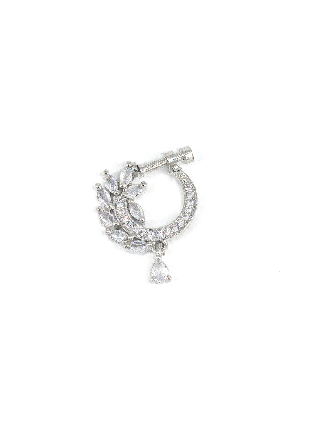 Rhodium Plated American Dimaond Floral Drop Nose Ring