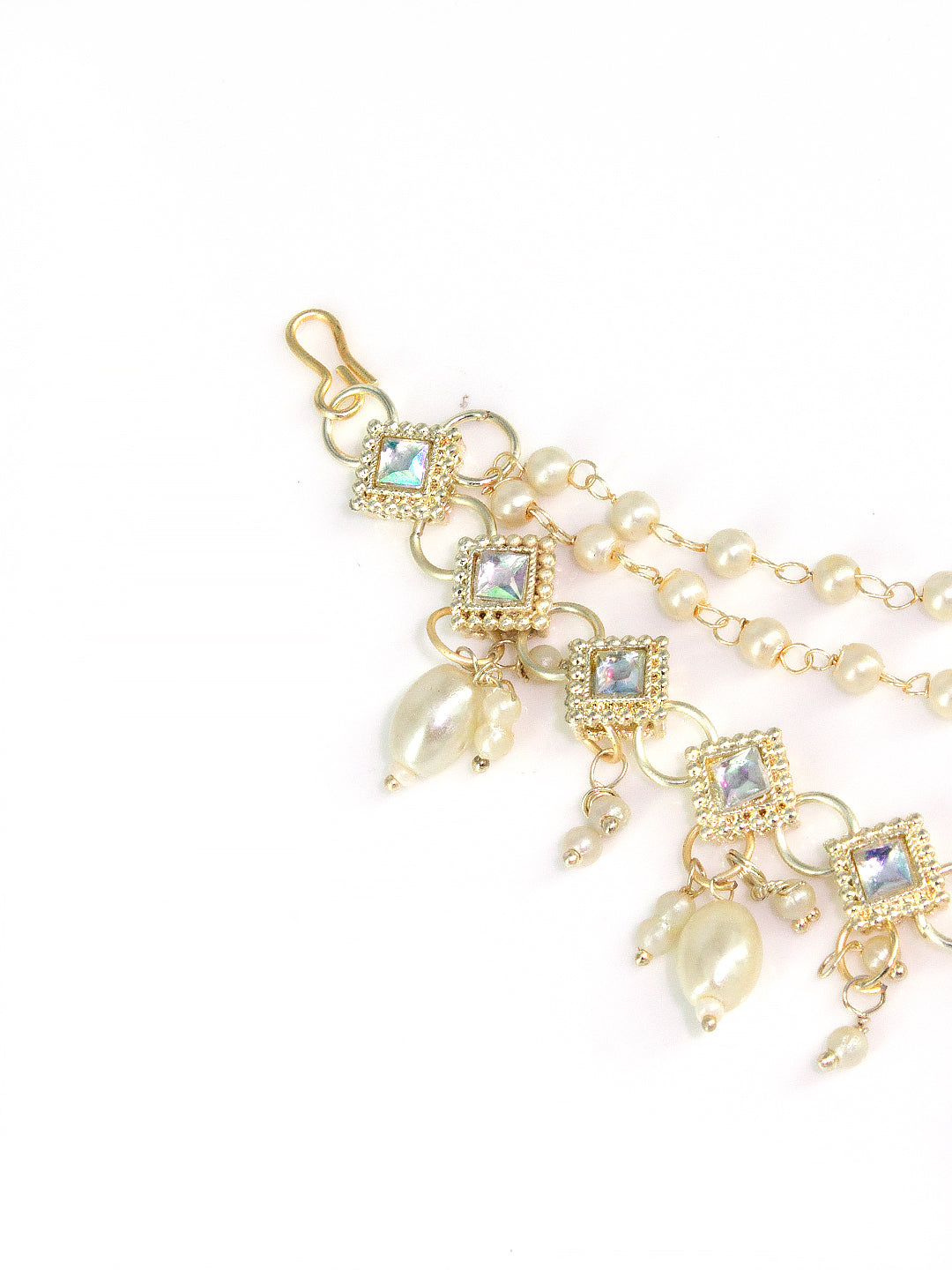 Gold-plated 3-Layered Square Kundan-Studded & Faux-Pearl Drop Ear Chain