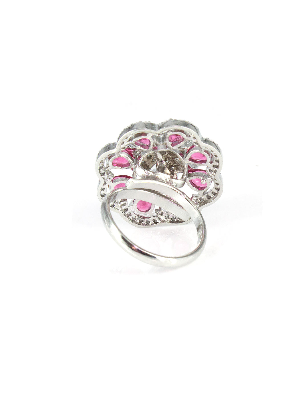 Silver Plated Red Floral AD Adjustable Ring For Women