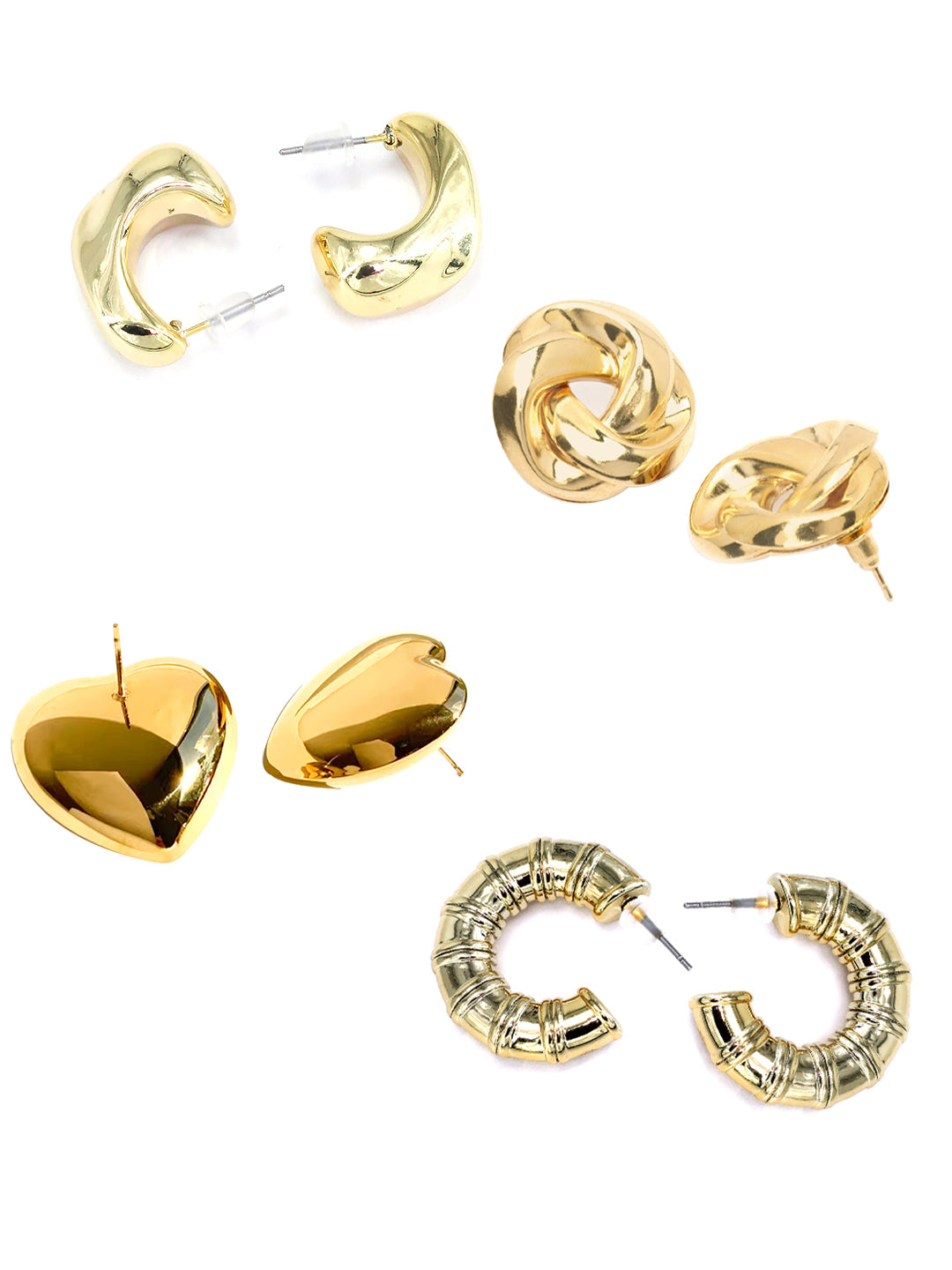 Set of 4 Gold-Plated Quirky Half Hoop & Studs Earrings