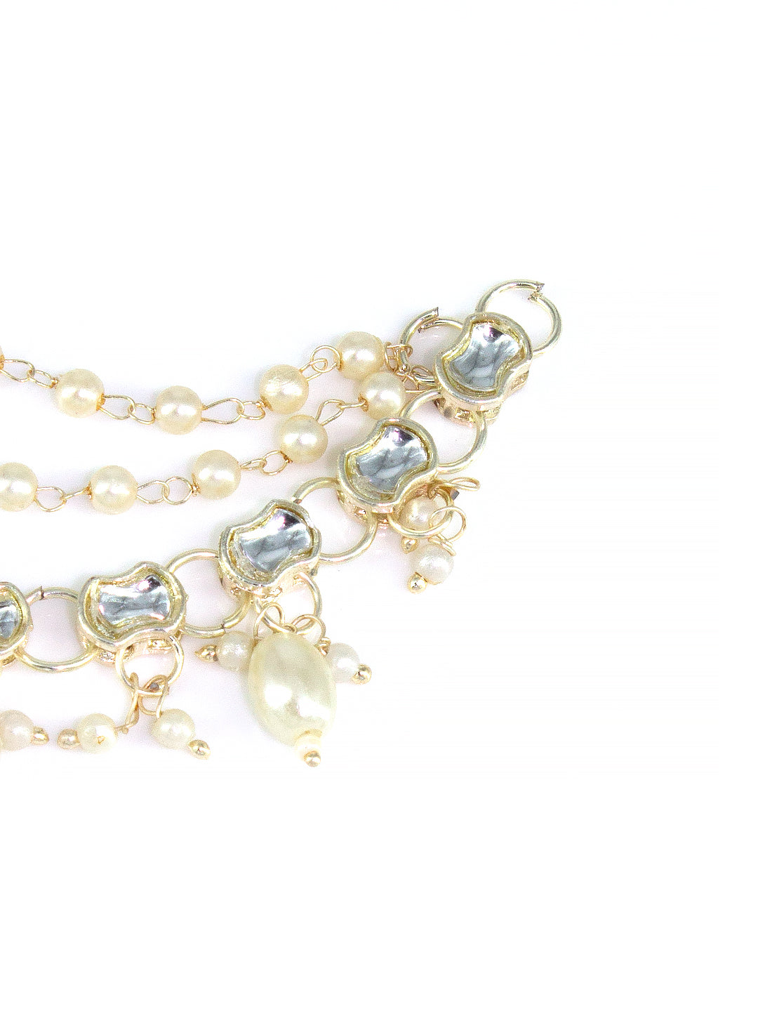 Gold-plated 3-Layered Kundan-Studded & Faux-Pearl Drop Ear Chain