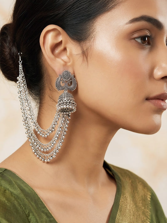 Silver Oxidised Jhumka Earring with 3 Layred Chain for Women