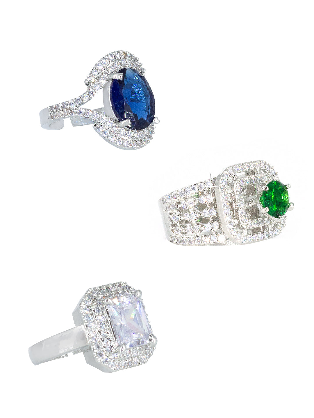 Pack of 3 AD-Studded Cocktail Adjustable Ring
