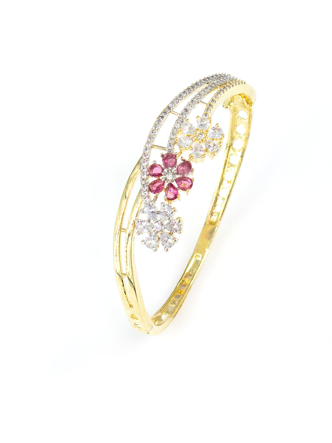 Gold Plated Ruby Floral Cuff Bracelet For Women