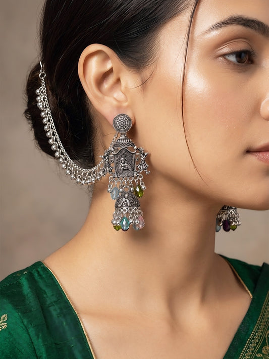 Silver Oxidised Jhumka Earring with Chain for Women