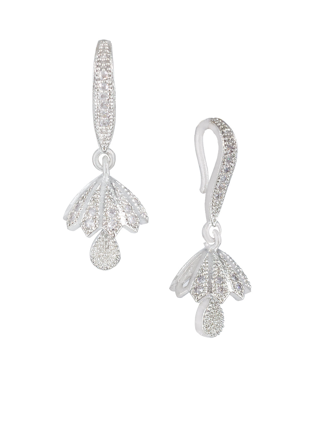 Silver Plated American Diamond Small Flower Shaped Drop Jhumka Earring