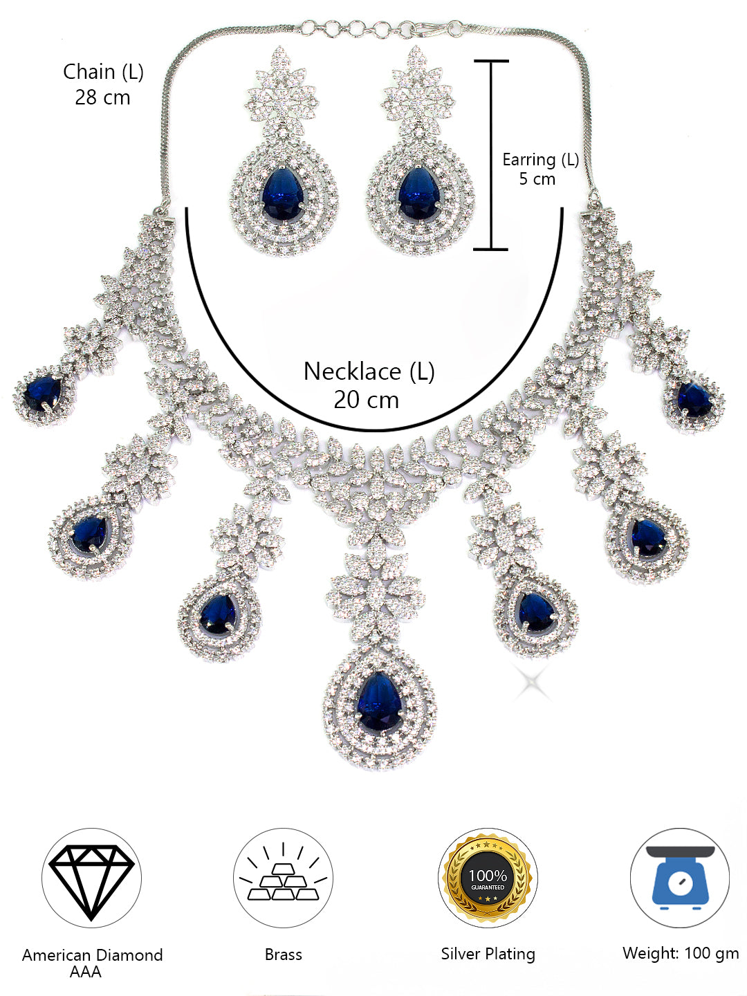 Rhodium-Plated Blue Statement AD-Studded Bridal Jewellery Set