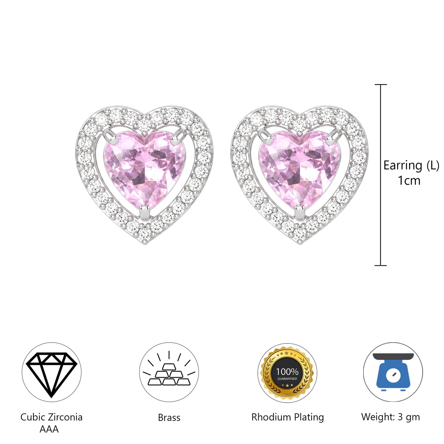 Silver Plated Pink AD Heart Studs for Women