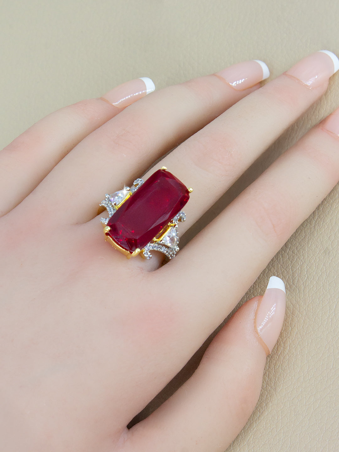 Gold Plated Red AD Adjustable Designer Ring For Women