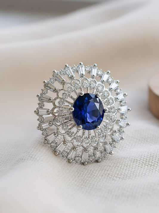 Rhodium Plated Blue AD Designer Adjustable Ring for Women