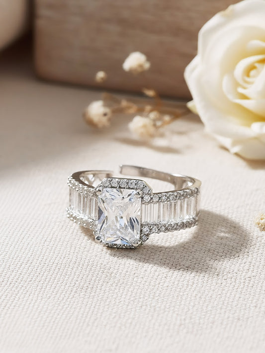 Silver Plated White American Diamond Adjustable Ring for Women