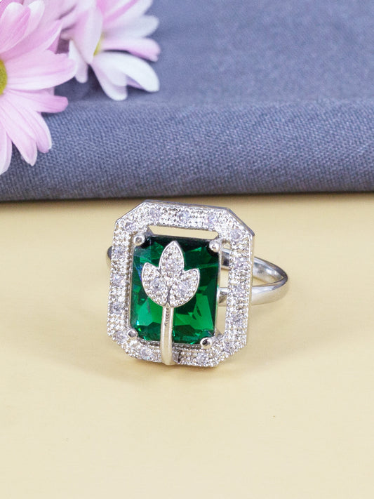 Rhodium Plated Green AD Leaf Adjustable Ring for Women
