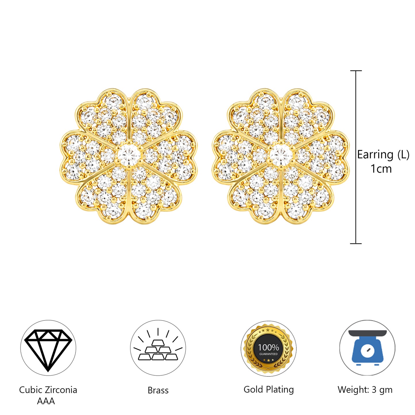 Gold Plated AD Floral Stud Earrings for Women