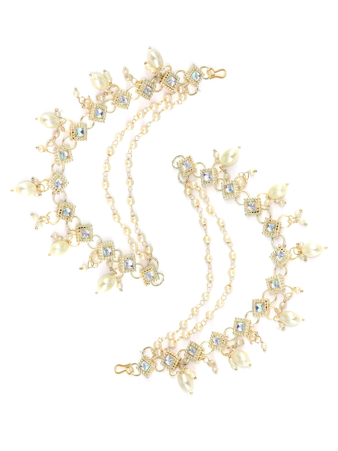 Gold-plated 3-Layered Square Kundan-Studded & Faux-Pearl Drop Ear Chain