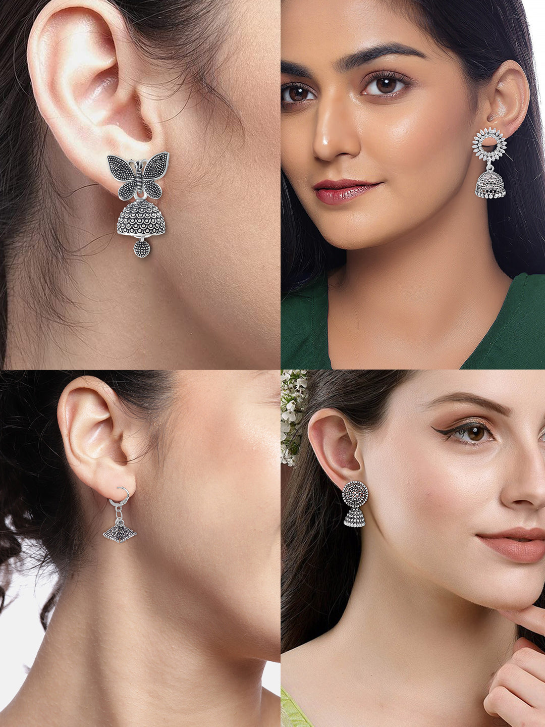 Set of 4 Silver-Oxidised Small Jhumki Earrings