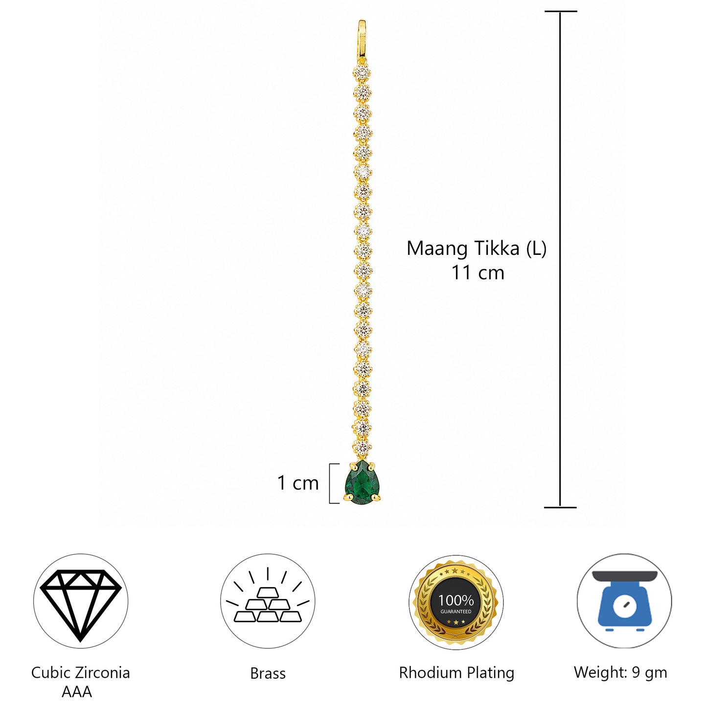 Gold Plated Green AD Teardrop Maang Tikka for Women