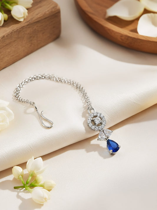 Silver Plated Blue AD Maang Tikka for Women