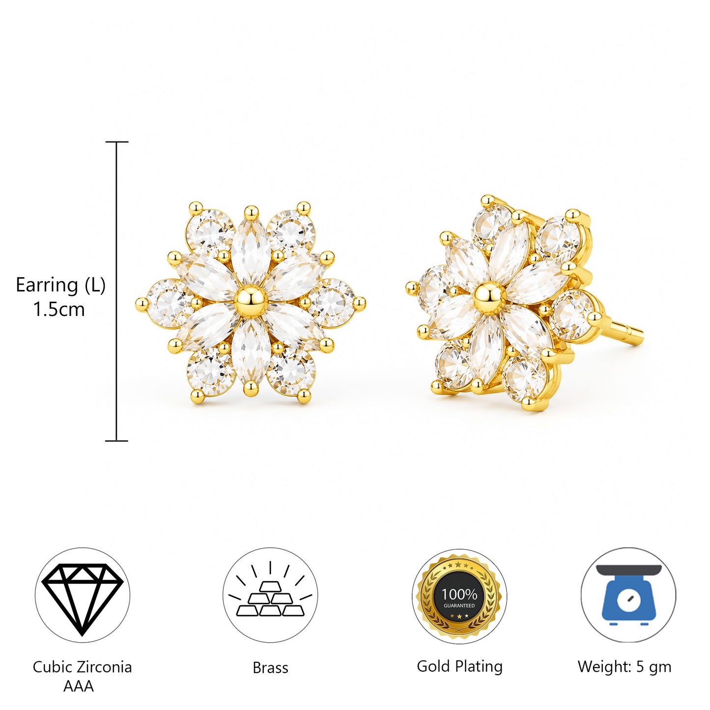 Gold Plated AD Floral Stud Earrings for Women