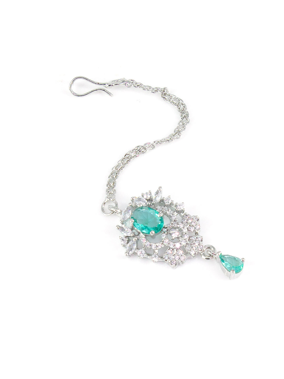 Silver Plated AD Mint Green Floral Drop Maang Tikka