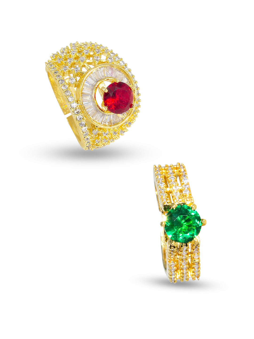 Pack of 2 Ring and Red Statement AD-Studded Adjustable Ring