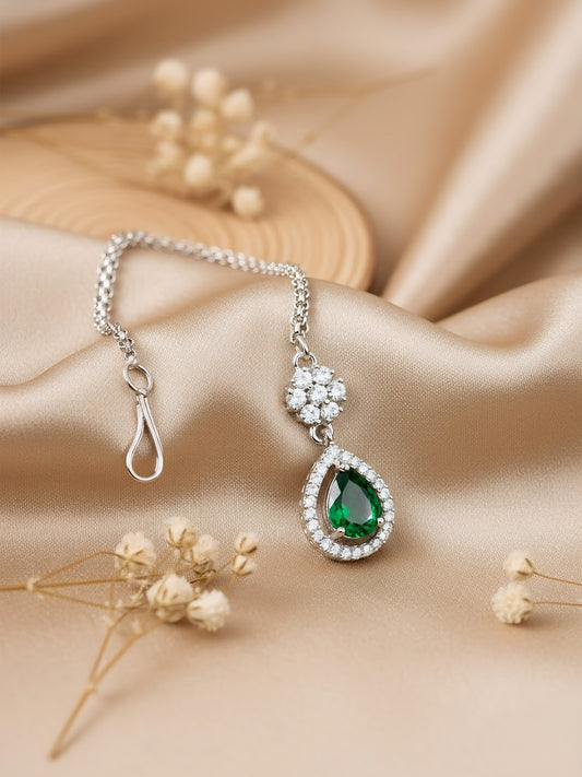 Rhodium Plated Green AD Teardrop Maang Tikka for Women