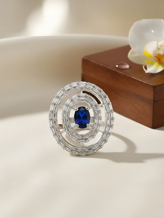 Silver Plated Blue & White AD Circular Ring for Women